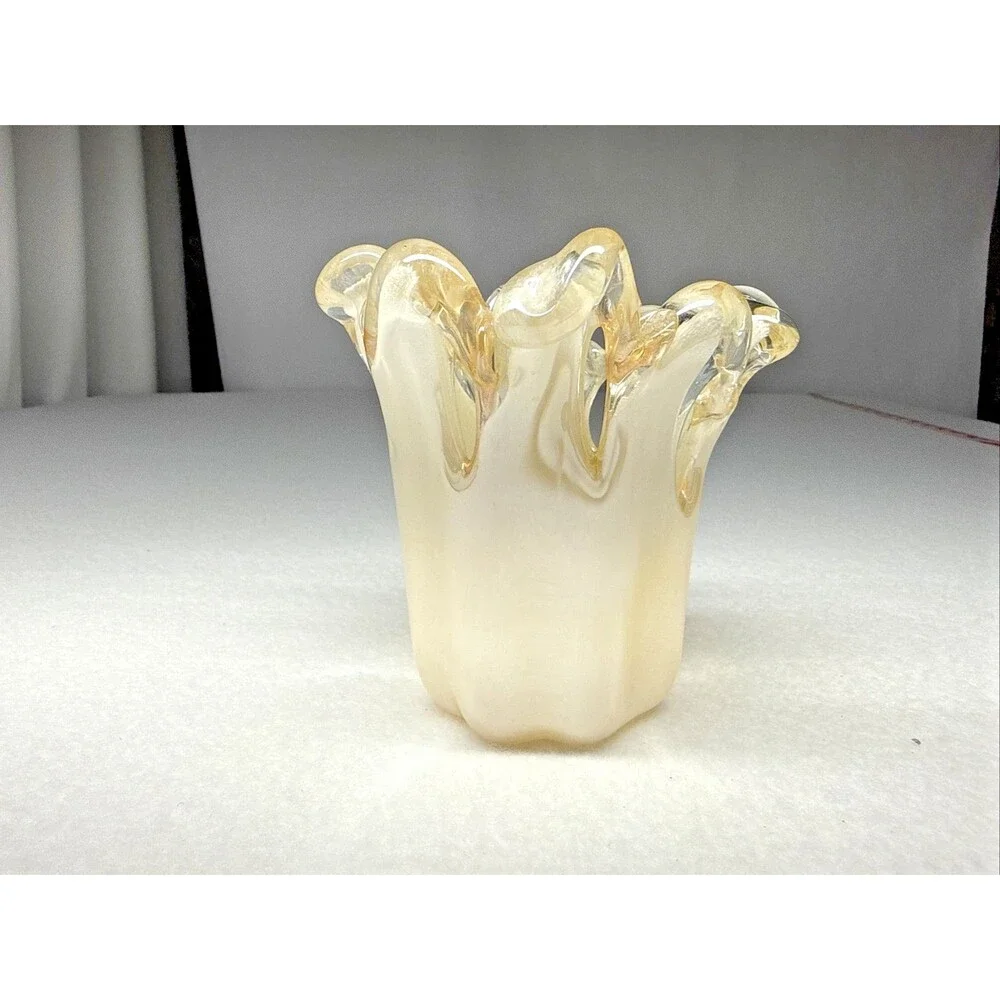 Murano Style Hand Blown Art Glass Vase Bowl Champagne Gold Italy Ruffled Rim